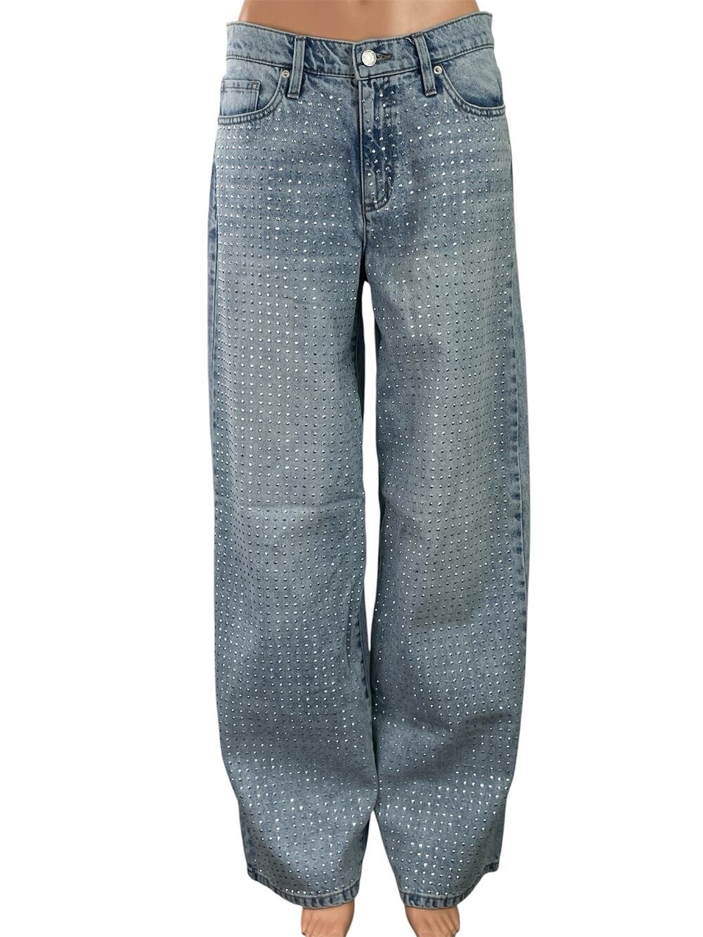 DKNY Women's Blue Light Wash Rhinestone High Rise Wide Leg Baggy Denim Jeans 28